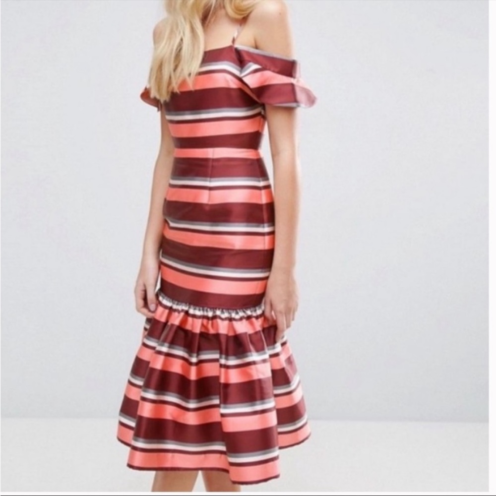 ASOS Pink, Dark Mauve, White & Grey Striped Ruffle Dress